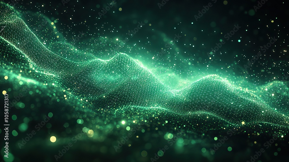 Abstract 3D neon green lines on dark background, symbolizing futuristic technology concepts, perfect for design banners, posters, or business cards with digital mesh theme Abstract 3D neon green lines on dark background, symbolizing futuristic technology concepts, perfect for design banners, posters, or business cards with digital mesh theme