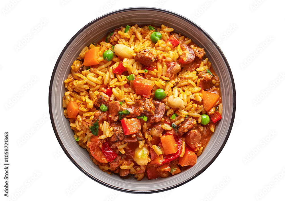Jambalaya rice food on bowl isolated on transparent or white background Jambalaya rice food on bowl isolated on transparent or white background