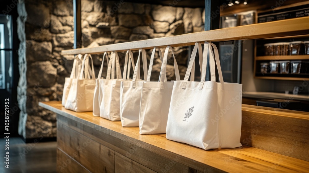 Row of white tote bags with a leaf logo hanging on a wooden shelf in a shop.