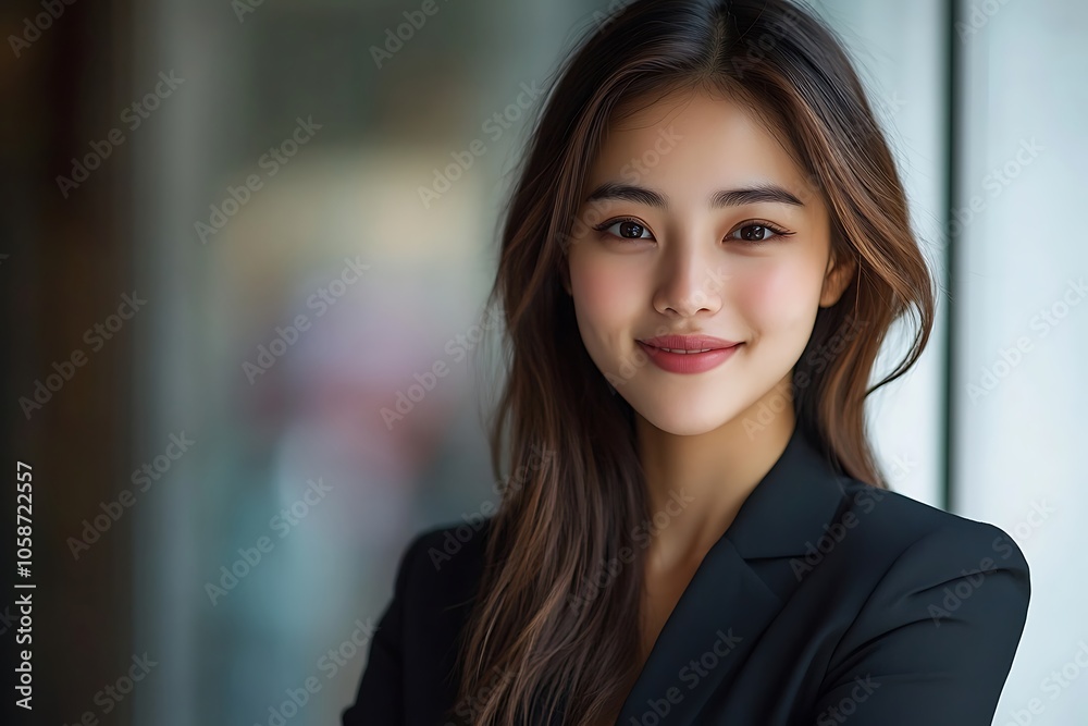 Confident Businesswoman with Long Hair and Soft Smile in Black Blazer Portrait Confident Businesswoman with Long Hair and Soft Smile in Black Blazer Portrait