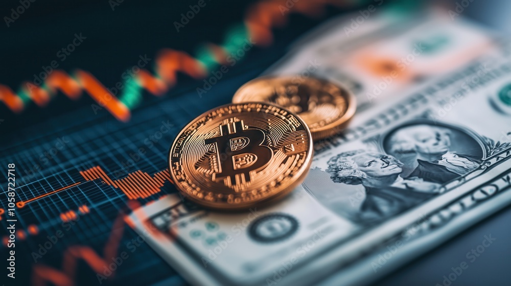 Bitcoin Coins and Dollar Bills with Market Data. Close-up of Bitcoin coins placed on U.S. dollar bills with financial chart in background, representing cryptocurrency and investment. Bitcoin Coins and Dollar Bills with Market Data. Close-up of Bitcoin coins placed on U.S. dollar bills with financial chart in background, representing cryptocurrency and investment.