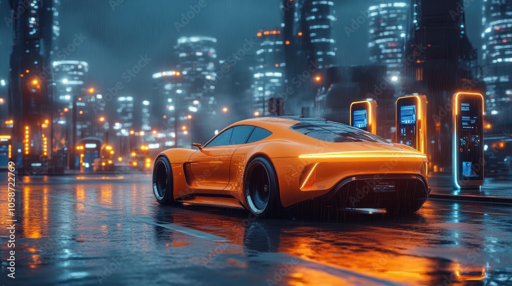 Obraz premium A hydrogen-powered car driving through a smart city filled with electric charging stations and solar-powered streets.