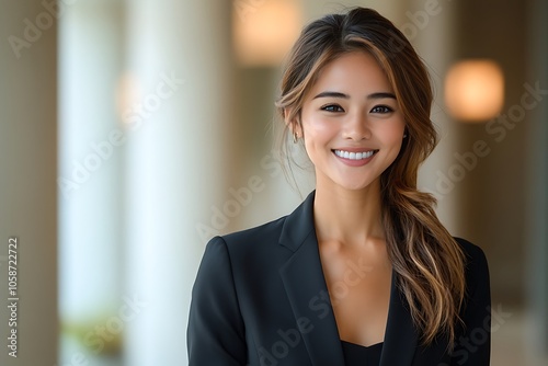 Confident Businesswoman with Long Hair and Warm Smile