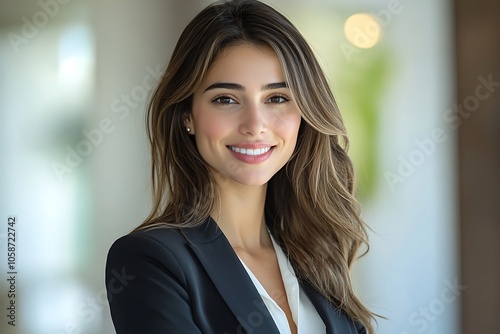 Confident Businesswoman with Long Hair and White Smile Portrait