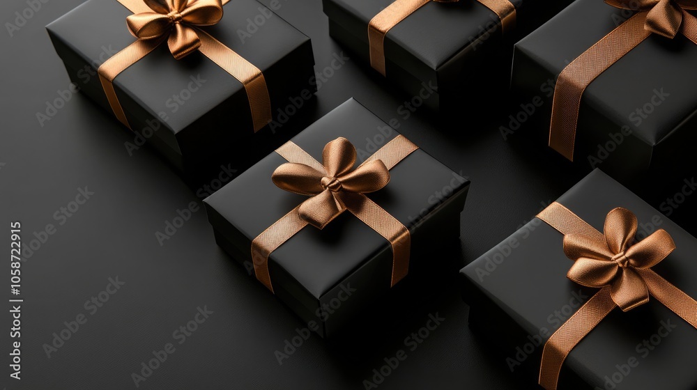 An elegant display of black gift boxes with golden ribbons set against a minimalist black background creates a high-end aesthetic perfect for holiday promotions and luxury product advertisements An elegant display of black gift boxes with golden ribbons set against a minimalist black background creates a high-end aesthetic perfect for holiday promotions and luxury product advertisements
