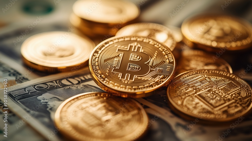 Golden Bitcoin coins spread on U.S. dollar bills, representing cryptocurrency, digital finance, and wealth-building in modern investment. Golden Bitcoin coins spread on U.S. dollar bills, representing cryptocurrency, digital finance, and wealth-building in modern investment.