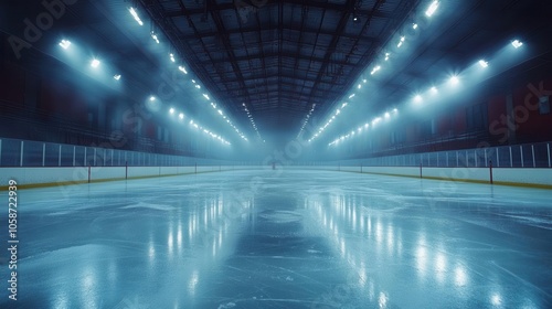 empty hockey ice rink illuminated by spotlights, creating a dramatic scene with pristine ice and an atmosphere of anticipation, ready for the game to begin