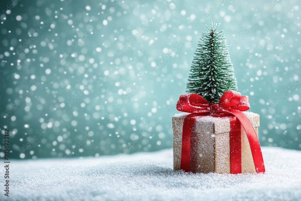 Christmas present with a red ribbon and a small tree on snow, light blue background with space for text, perfect for New Year holiday concepts. Christmas present with a red ribbon and a small tree on snow, light blue background with space for text, perfect for New Year holiday concepts.