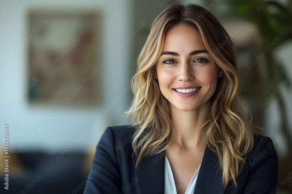 Confident Businesswoman with Long Wavy Hair and a Warm Smile Confident Businesswoman with Long Wavy Hair and a Warm Smile