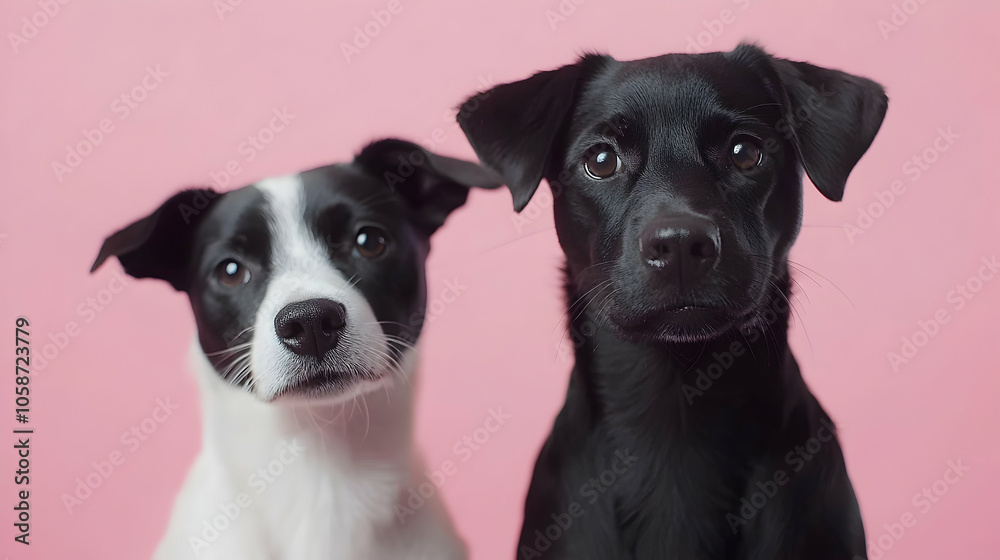 Black dog on a pink background, alongside another black-and-white dog gazing at the camera Black dog on a pink background, alongside another black-and-white dog gazing at the camera