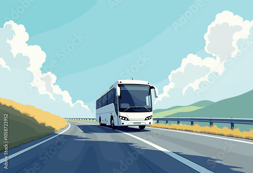 White Bus Driving on Scenic Rural Highway