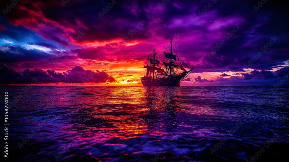 Serene Dusk on the Coast: Hyper-realistic Photography of Calm Sea, Purple and Orange Sky, Ship Silhouette, Reflections Serene Dusk on the Coast: Hyper-realistic Photography of Calm Sea, Purple and Orange Sky, Ship Silhouette, Reflections