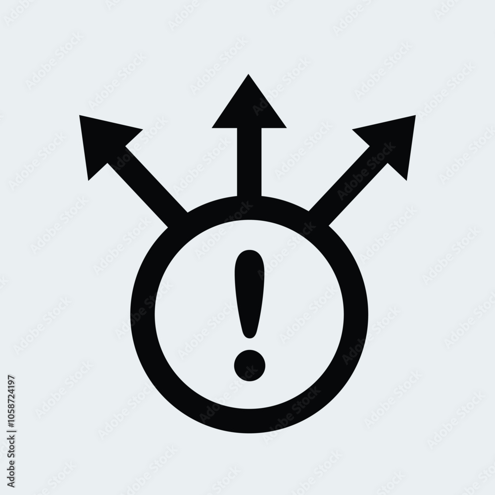 Exclamation mark and three arrows, decisions icon Exclamation mark and three arrows, decisions icon