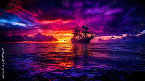 Serene Dusk on the Coast: Hyper-realistic Photography of Calm Sea, Purple and Orange Sky, Ship Silhouette, Reflections