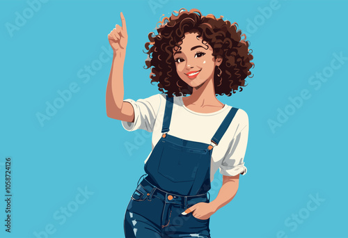 Smiling Woman in Overalls Pointing Upwards