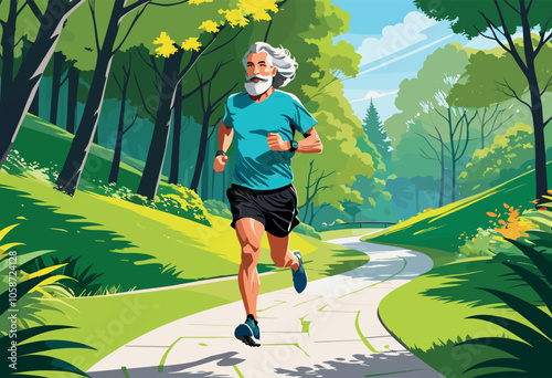 Senior Man Jogging on Path in Sunny Park