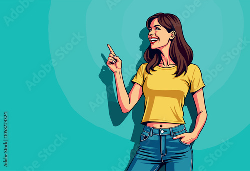 Smiling Woman in  Shirt Pointing Upwards