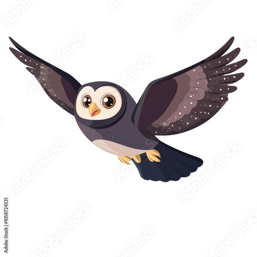 A charming cartoon owl takes flight isolated on transparent background, its large eyes and outstretched wings capturing a sense of wonder and freedom. Perfect for children's book, educational material photo