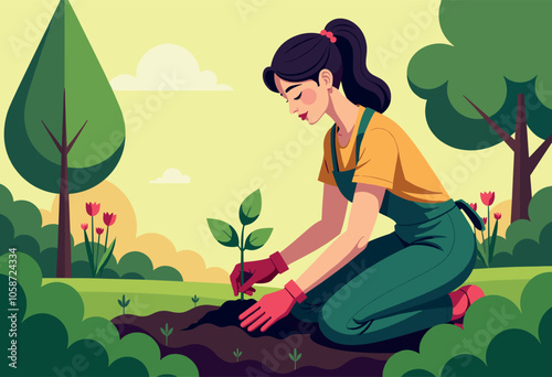 Woman Gardening and Planting Seedlings Outdoors