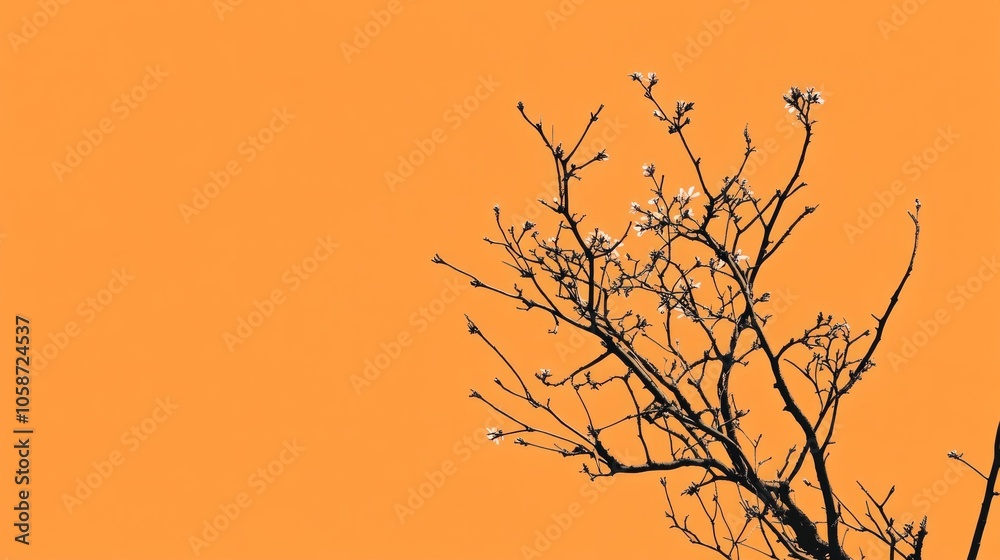 Fototapeta premium A tree branch is shown on a bright orange background