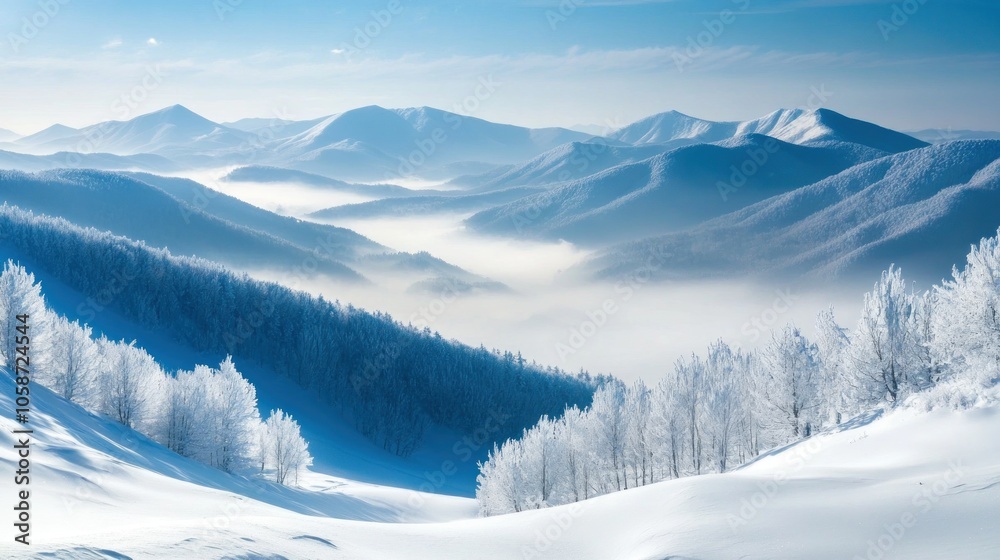 A panoramic view of a snowy mountain range with a layer of fog in the valley. A panoramic view of a snowy mountain range with a layer of fog in the valley.