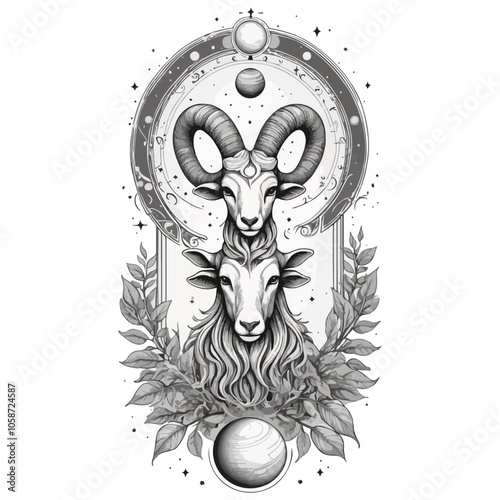 Aries Astrological zodiac horoscope sign, line art silhouette design illustration.