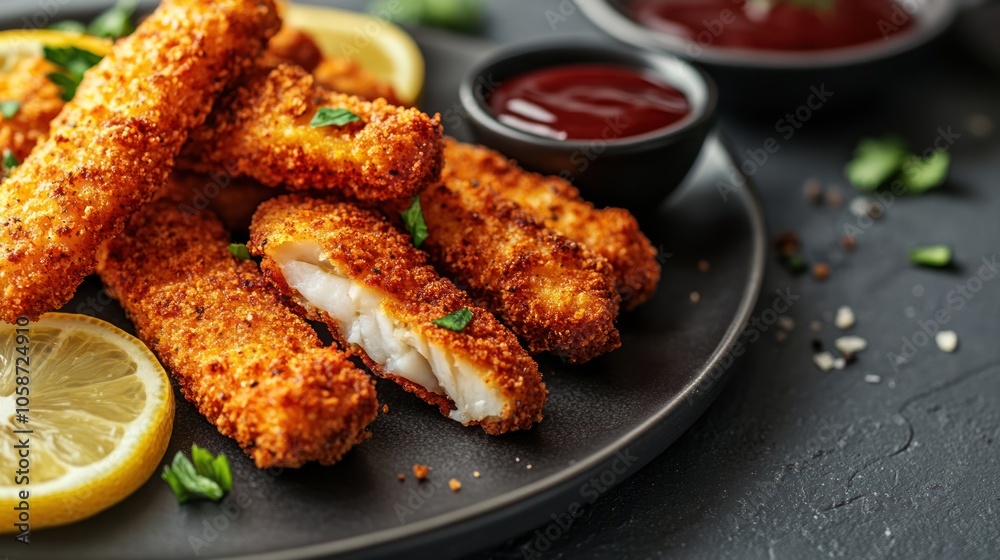 A plate of crispy fried fish sticks served with lemon and dipping sauce. A plate of crispy fried fish sticks served with lemon and dipping sauce.