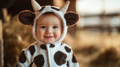 Smiling baby wearing a cute cow costume, perfect for celebrating Halloween or themed parties with family fun. photo