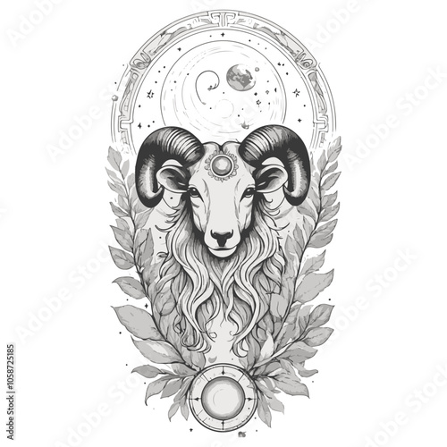 Aries Astrological zodiac horoscope sign, line art silhouette design illustration.