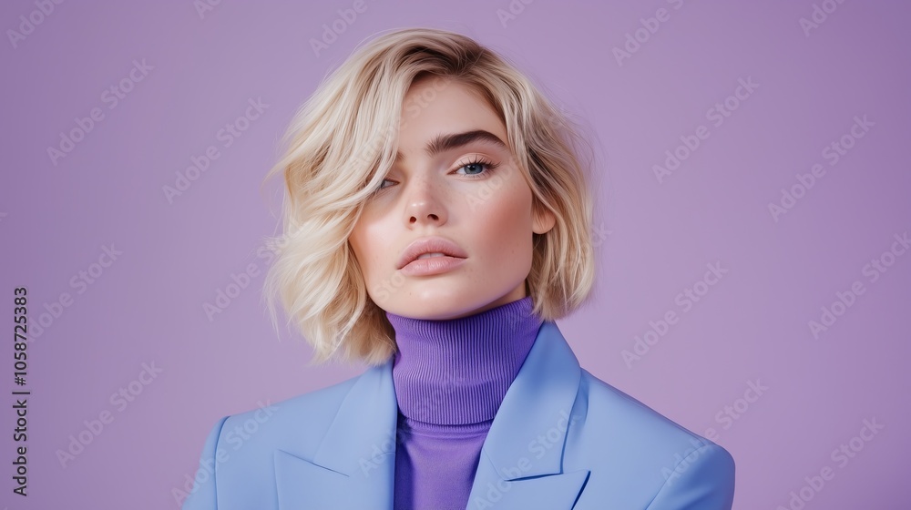 Blonde woman in blue blazer and purple turtleneck, showcasing modern fashion against a lilac background, conveying elegance and style. Blonde woman in blue blazer and purple turtleneck, showcasing modern fashion against a lilac background, conveying elegance and style.