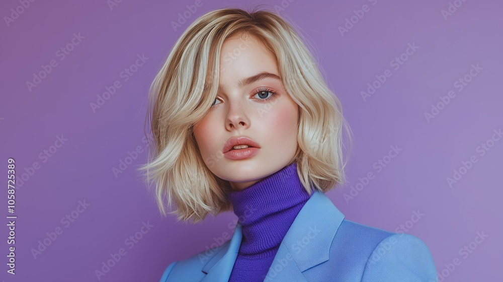 Elegant blonde woman in stylish blue suit and purple turtleneck against solid purple background, showcasing modern fashion trends. Elegant blonde woman in stylish blue suit and purple turtleneck against solid purple background, showcasing modern fashion trends.