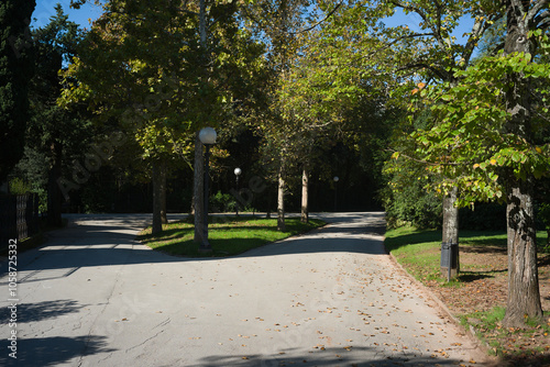 Vista del parco Pineta di Montecatini Terme durante una bella e serena giornata autunnale con cielo azzurro e senza nuvole sull'orizzonte.