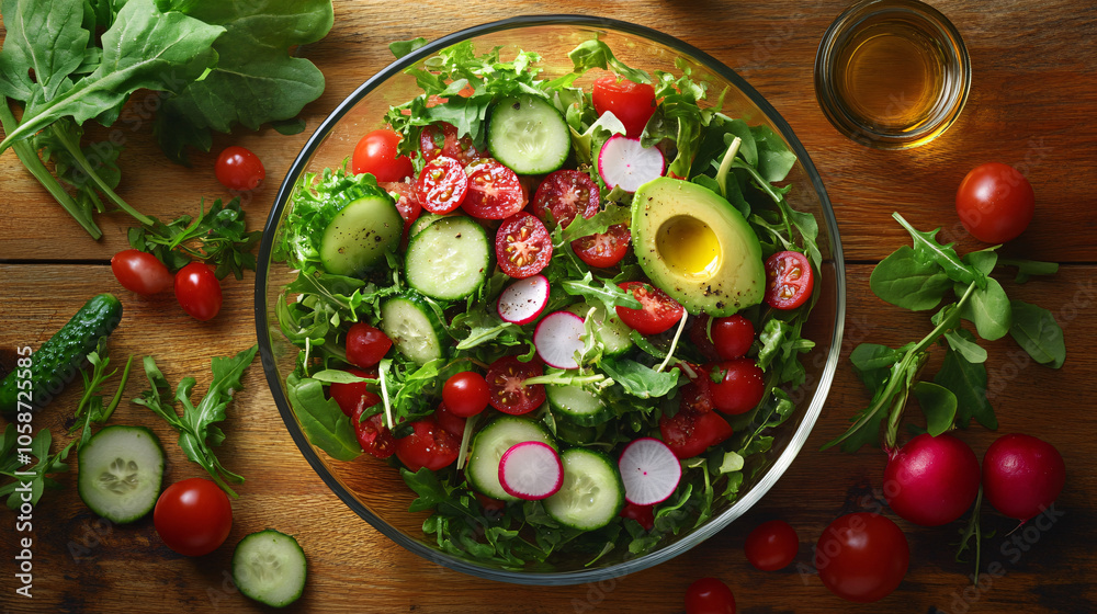Fresh Green Salad with Cucumber, Cherry Tomatoes and Avocado Fresh Green Salad with Cucumber, Cherry Tomatoes and Avocado