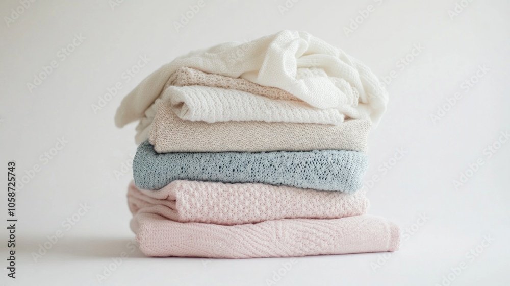 A pile of white and blue knit sweaters A pile of white and blue knit sweaters