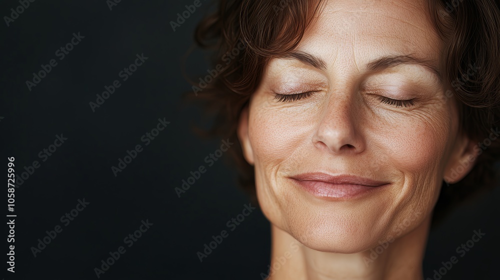 Close-up of a middle-aged woman with eyes closed, exuding calm and confidence, against a dark background. Close-up of a middle-aged woman with eyes closed, exuding calm and confidence, against a dark background.