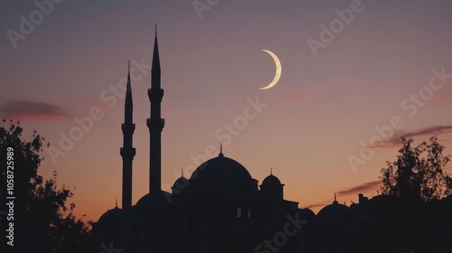 A crescent moon shines brightly in the twilight sky above the silhouette of a mosque with tall minarets. photo