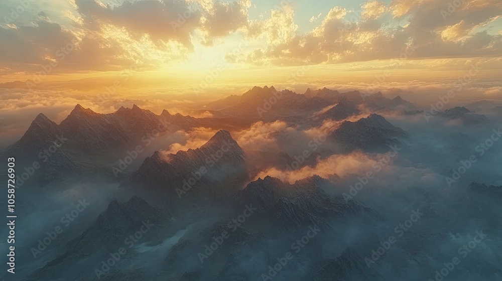 Fototapeta premium Aerial view of misty mountains at sunrise 