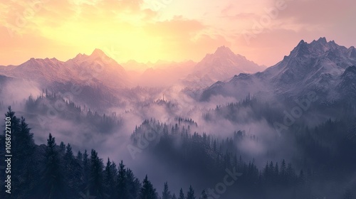 Aerial view of misty mountains at sunrise 