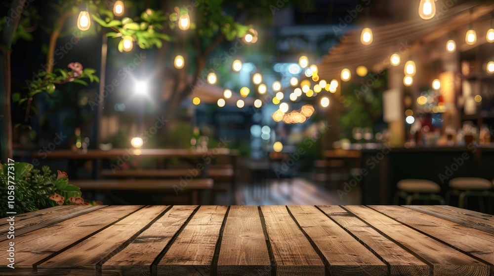 Empty wooden table in front of blurry restaurant backdrop at night, ideal for showcasing food in lively evening setting. Empty wooden table in front of blurry restaurant backdrop at night, ideal for showcasing food in lively evening setting.