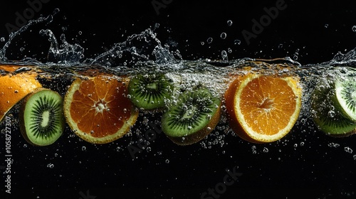 Slices of orange and kiwi fruit submerged in water, creating a splash effect, isolated against a black background.