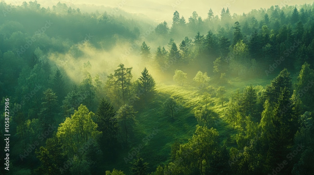 Aerial view on green pine forest illuminated by the morning sunlight. Panoramic image Aerial view on green pine forest illuminated by the morning sunlight. Panoramic image