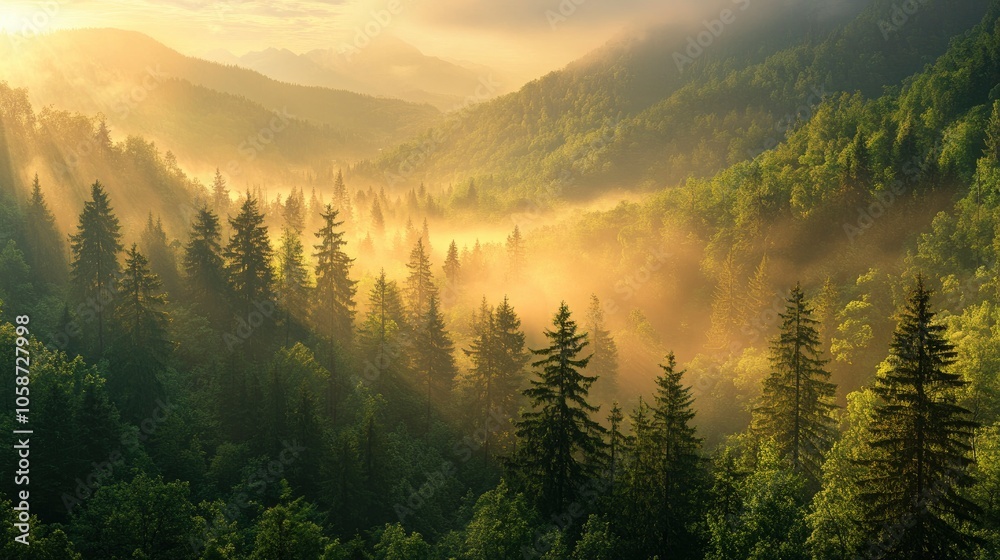 Aerial view on green pine forest illuminated by the morning sunlight. Panoramic image Aerial view on green pine forest illuminated by the morning sunlight. Panoramic image