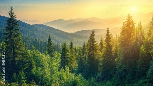 Aerial view on green pine forest illuminated by the morning sunlight. Panoramic image