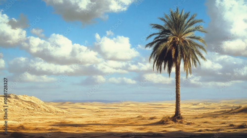 A lone palm tree stands tall in a vast desert landscape under a bright blue sky with fluffy clouds. A lone palm tree stands tall in a vast desert landscape under a bright blue sky with fluffy clouds.