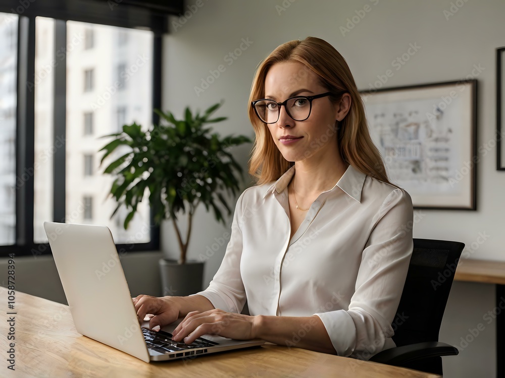 a woman is sitting at her desk. a woman is working on her laptop in the office a woman is sitting at her desk. a woman is working on her laptop in the office