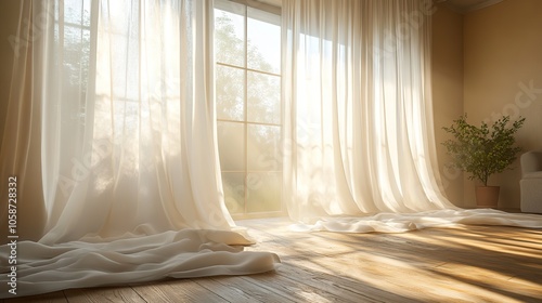 Air blowing through sheer white curtains by an open window in beige-brown room