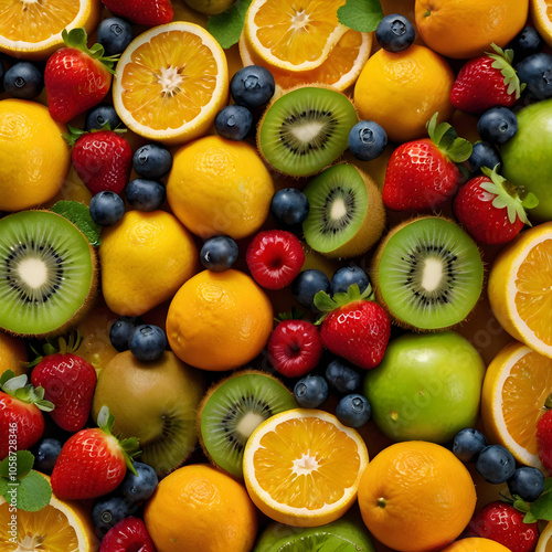 Bright, colorful fruits like strawberries, oranges