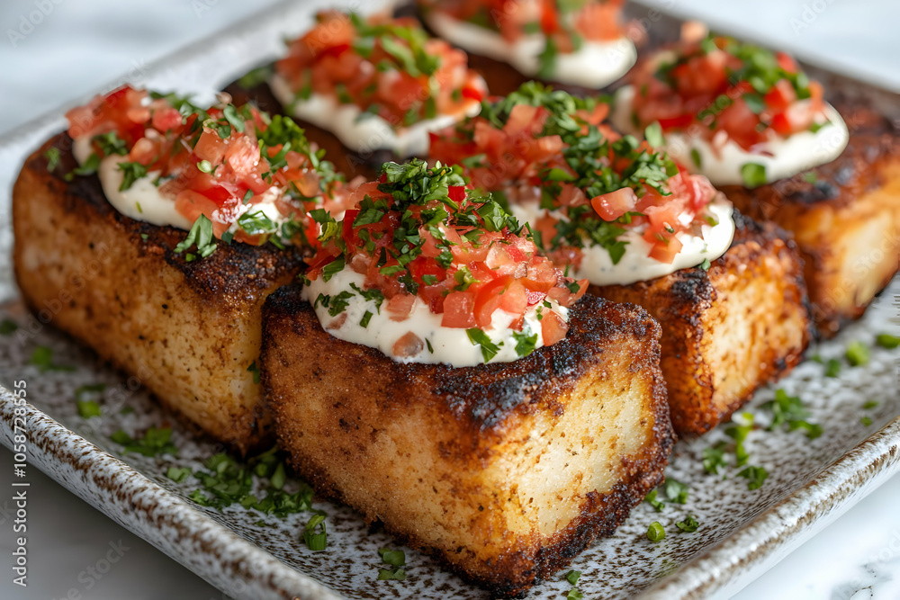 Photo of Crispy Fried Polenta with Tomato Salsa and Parsley Garnish Photo of Crispy Fried Polenta with Tomato Salsa and Parsley Garnish