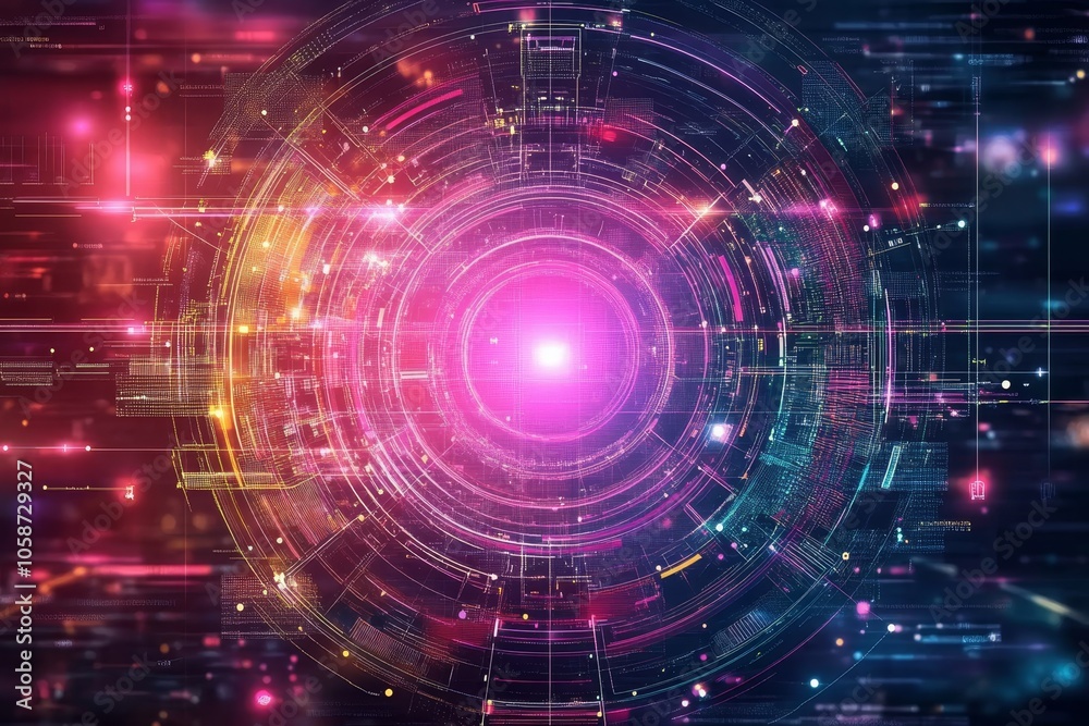 Abstract Technology Background With Circular Glowing, Lines And Light Effects. Digital Illustration. Abstract Technology Background With Circular Glowing, Lines And Light Effects. Digital Illustration.