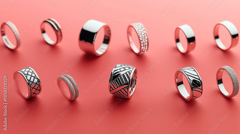 Collection of stylish silver and black rings with various patterns and textures arranged on a vibrant red background Collection of stylish silver and black rings with various patterns and textures arranged on a vibrant red background